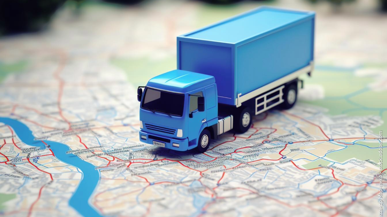 Tovornjak na zemljevidu, ki ponazarja GPS-sledenje in določanje lokacije vozila
